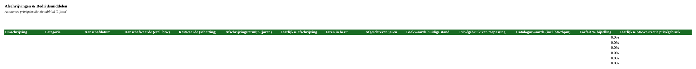 Voorbeeld van het tabblad Afschrijvingen in de Excel-tool, met fictieve data