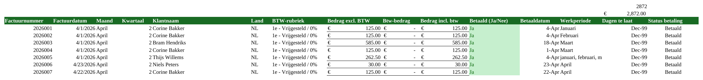 Voorbeeld van het tabblad Inkomsten in de Excel-tool, met fictieve data