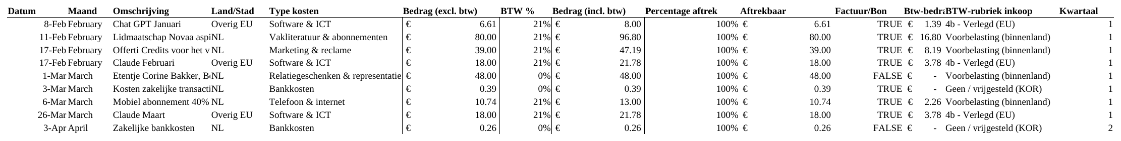Voorbeeld van het tabblad Kosten in de Excel-tool, met fictieve data