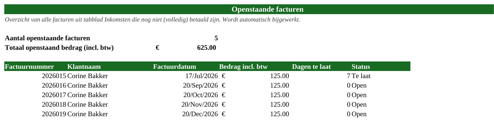 Voorbeeld van het tabblad Openstaande facturen in de Excel-tool, met fictieve data
